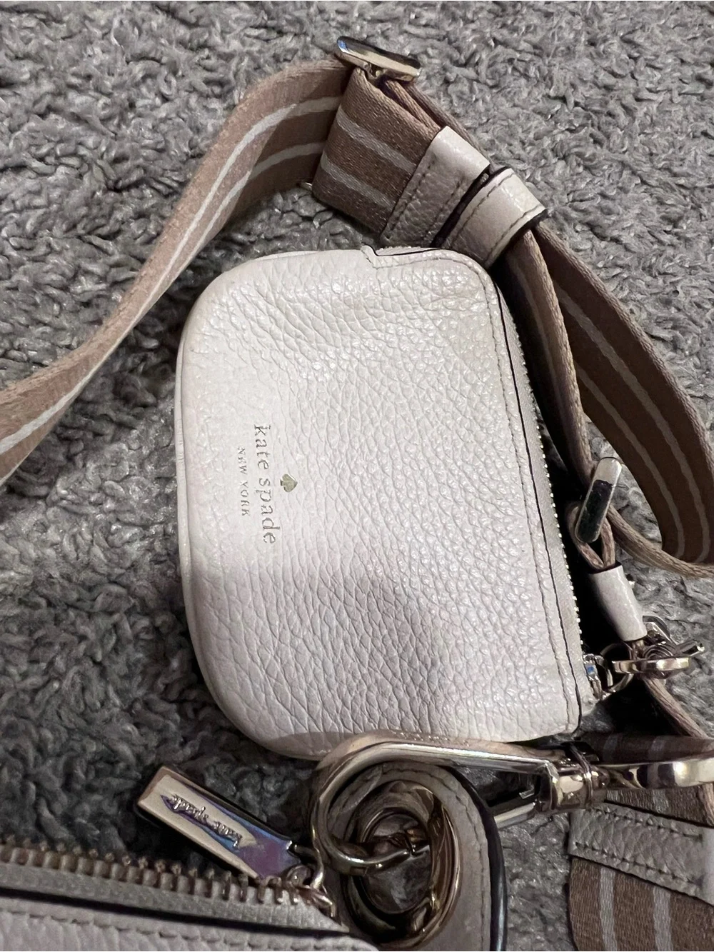 kate spade white pebbled leather crossbody with striped tan strap and coin pouch